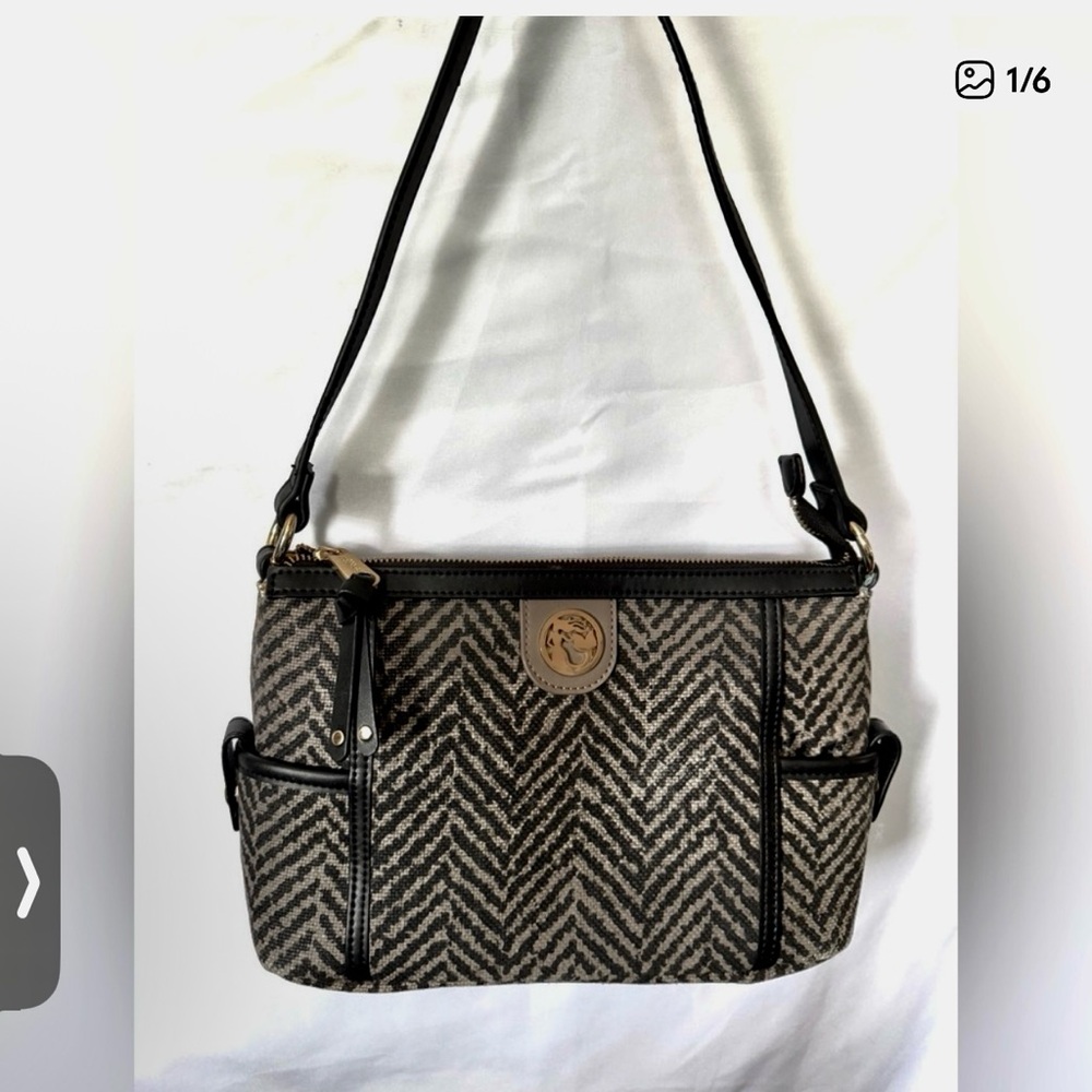 Spartina 449 EUC herringbone linen & leather shoulder bag